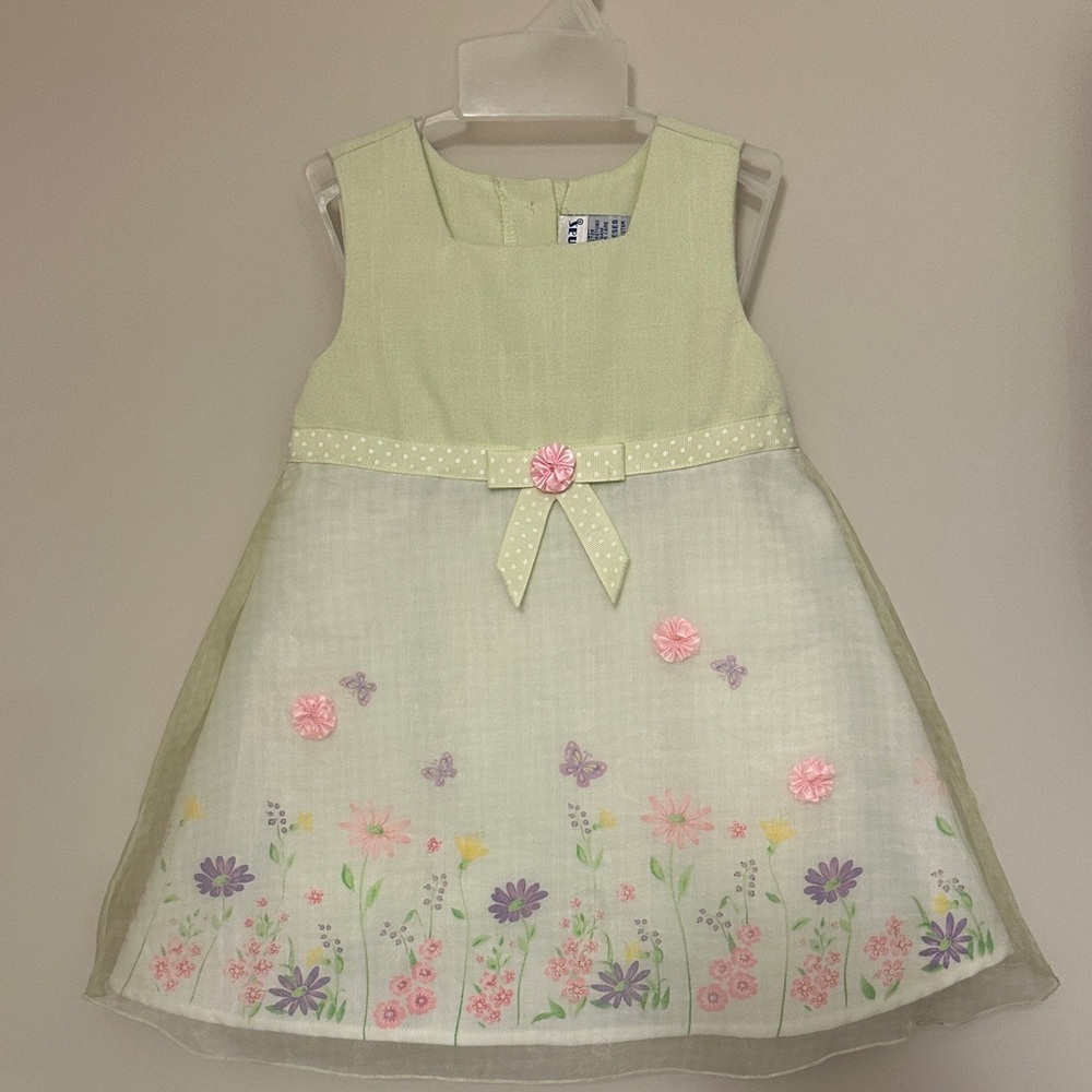 Girls' Light Green & White Floral Organza Dress with Pink Accents